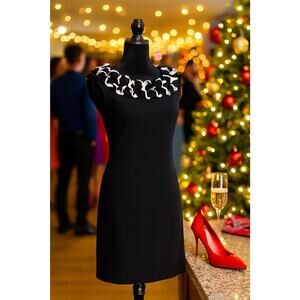 VTG Cache Cocktail Dress - 6 Black White Dramatic Ruffle Neckline Holiday Party